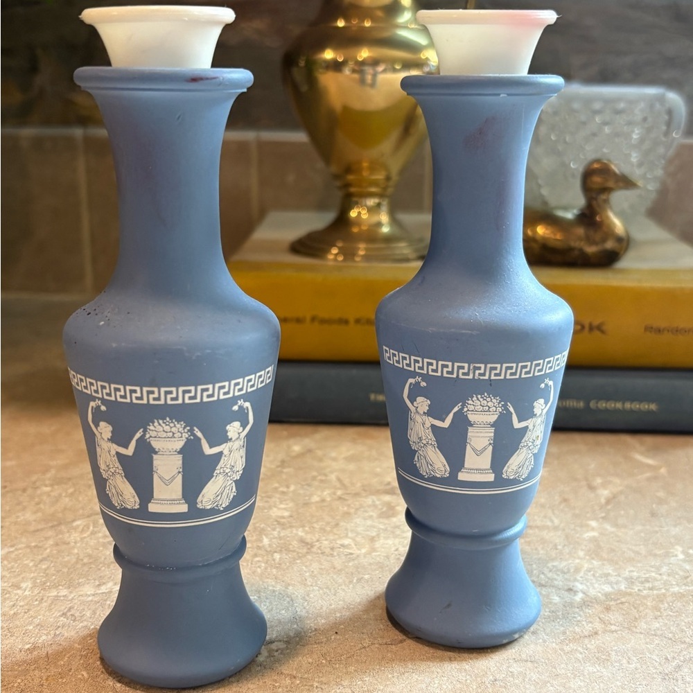 Vintage AVON Bud Vases Greek Grecian Design Blue Wedgewood Jasperware Style pair